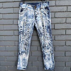HTF RARE VTG Y2K Acid Wash Distressed Frayed Blue Jeans Wms High Waist 34 Skinny